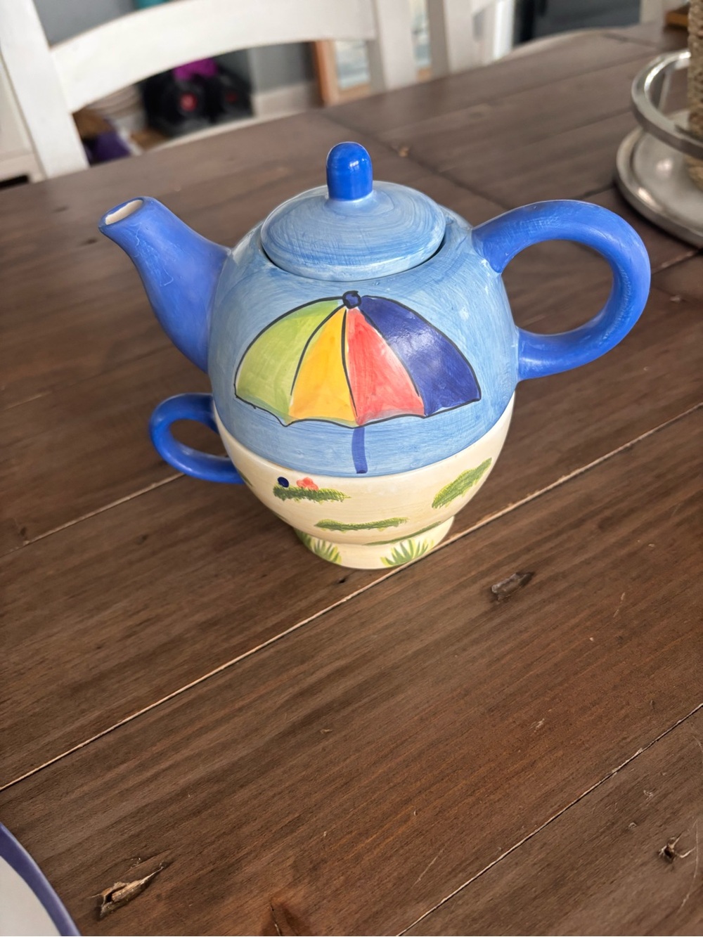 Hand-Painted Nantucket Ceramic Teapot with Beach Umbrella Motif in Blue